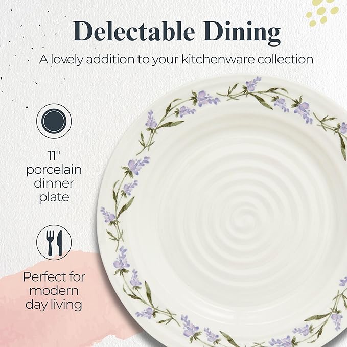Portmeirion Sophie Conran Lavandula 11" Dinner Plate, Set of 4, Lavender Floral Pattern in Soft Purple-Green - Porcelain Plates for Garden Brunches, Spring Dinners, Weddings & Seasonal Entertaining