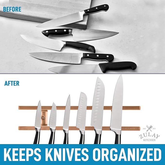 Zulay (12 Inch) Stainless Steel Magnetic Knife Holder For Wall - Powerful Knife Magnetic Strip With Extra Hanging Hooks - Wall Mount Magnetic Knife Strip & Organizer For Kitchen & Tools (Copper)