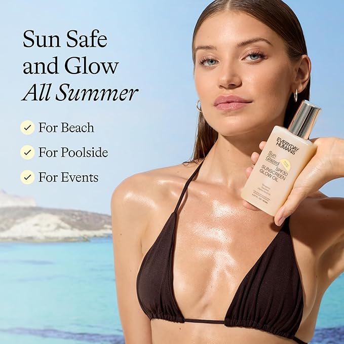 Everyday Humans Sun Glazed SPF30 Sheer Body Glow Oil with Gold Mica | Hydrating Non-Sticky Glowing UV Protection Cruelty Free 5.1 Fl Oz | Bergamot, Squalane, Jojoba Seed Oil | UVA/UVB Broad Spectrum-BrightBean Baby