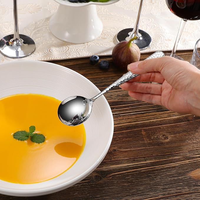 KEAWELL Premium 4-Piece Louise Hammered Spoons Set, 18/10 Stainless Steel, Set of 4, Fine Spoon Set with Round Edge, Dishwasher Safe (7" Soup Spoons)