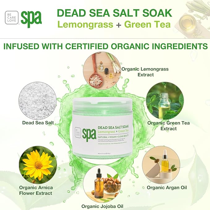 BCL SPA Dead Sea Salt Soak - Bath Salt with Organic Lemongrass + Green Tea, Shae Butter, Arnica, Aloe Vera Juice, Chamomile, Argan Oil & Jojoba Oil - Skin Exfoliator - Home/Professional Use 16 fl oz-BrightBean Baby