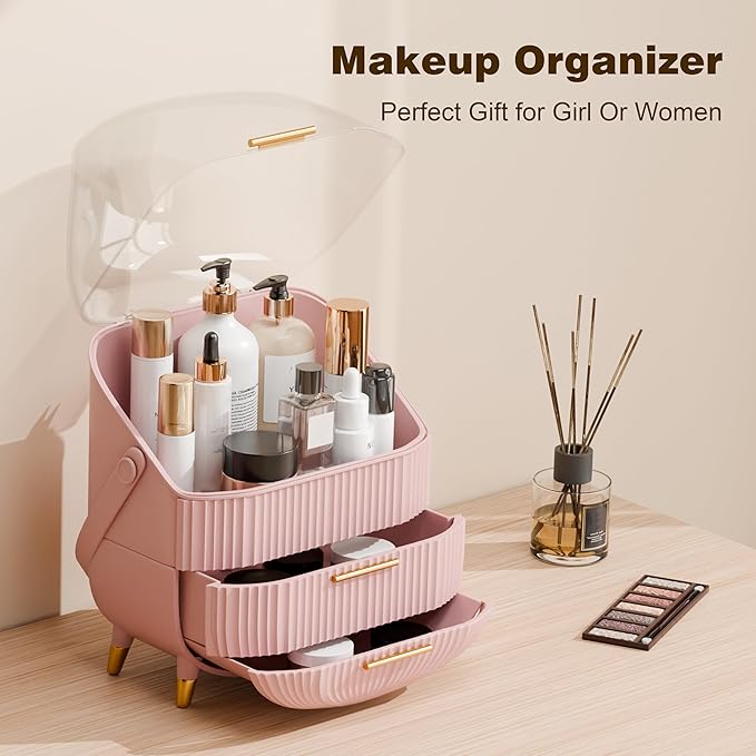 Makeup Organizer for Vanity Cosmetics Skincare Organizers with Lid and Drawers Display Cases for Countertop (Pink)-BrightBean Baby