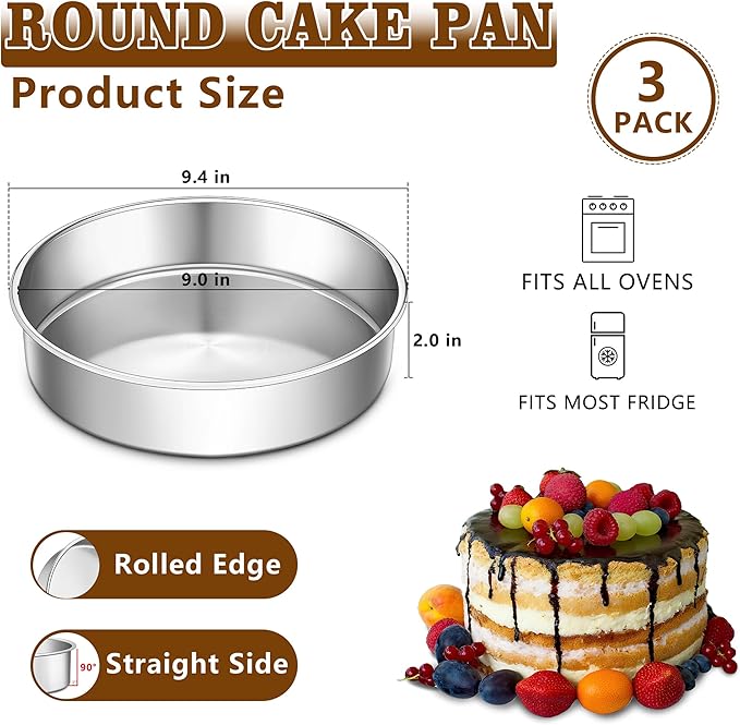 LIANYU 9 Inch Round Cake Pan Set of 3, Stainless Steel Layer Deep Round Baking Cake Pan Set, Metal Baking Tins Mold Perfect for Brownie Lasagna, Dishwasher & Oven Safe