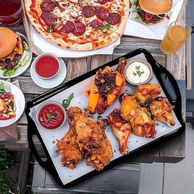 Large Black Serving Tray with Handles, 19''x11.6'' Halloween Thanksgiving Melamine Platters, Rectangular Trays for Serving Food, Turkey, Cookie, Cupcakes, Desserts, Dishwasher Safe, BPA-Free, Set of 2