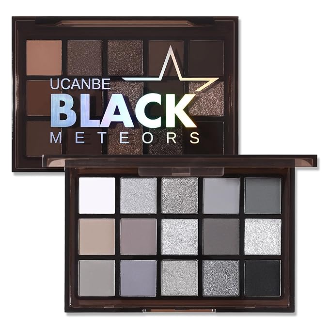UCANBE Smokey Black Eyeshadow Palette, 15 Colors Dark Shimmer Matte Metallic Makeup Pallet, High Pigmented Gray Silver Sombras De Ojos Kit for Daily and Halloween-BrightBean Baby