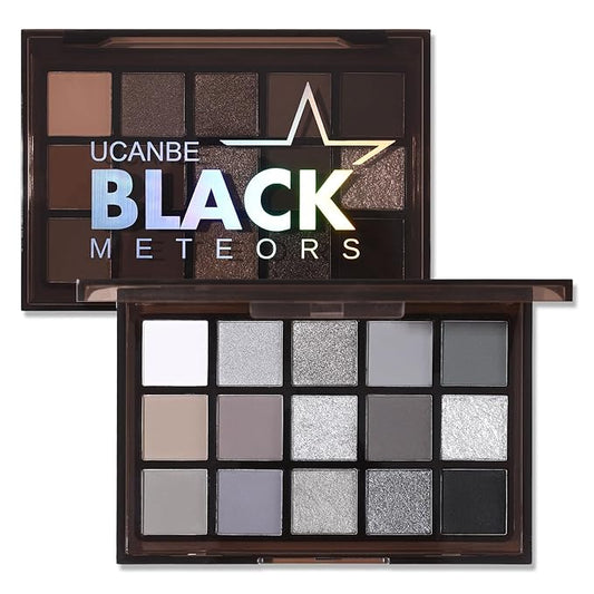 UCANBE Smokey Black Eyeshadow Palette, 15 Colors Dark Shimmer Matte Metallic Makeup Pallet, High Pigmented Gray Silver Sombras De Ojos Kit for Daily and Halloween-BrightBean Baby