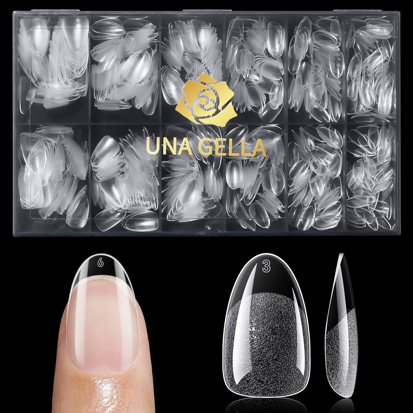 UNA GELLA 600Pcs Short Oval Almond Gel Nail Tips, Pre-file Round Almond Nail Tips 12 Sizes Soft Gel Clear Fake Nails Tips Full Cover for Nails Extension Home DIY Salon with Box-BrightBean Baby