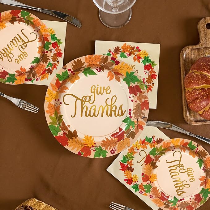 JOYIN 100Pcs Thanksgiving Paper Plates and Napkins Disposable Dinnerware Set for 25 Guests Give Thanks Theme Party Supplies Happy Thanksgiving Autumn Tableware Set