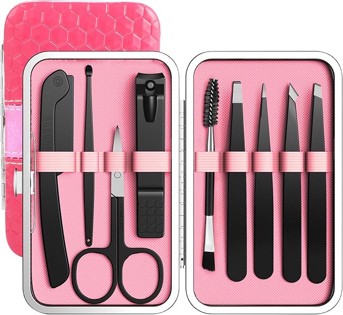 Tweezers Set, Hyxhappy 9 pcs Professional Stainless Steel Tweezer Kit for Women Facial Hair, Precision Plucke Tweezers with Luxurious Travel Case for Ingrown Hair Removal-BrightBean Baby