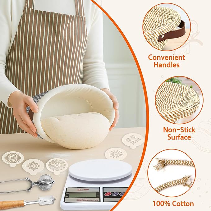 Aliggbent 38Pcs Sourdough Bread Baking Supplies – 11'' Oval & 10'' Round Cotton Rope Banneton Bread Proofing Baskets with Liners & Covers, Sourdough Starter Jar Kit, Scale, Bags & Bread Making Tools