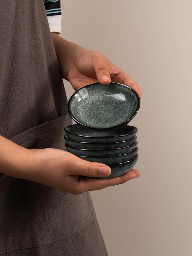 famiware Ocean Soy Sauce Dishes of 6, Oval Dipping Sauce Cups/Bowls/Dishes for Kitchen, 2.1oz Ceramic Small Bowls for Side Dish, Appetizers, Snacks, and Sushi, Reactive Glaze, Deep Forest