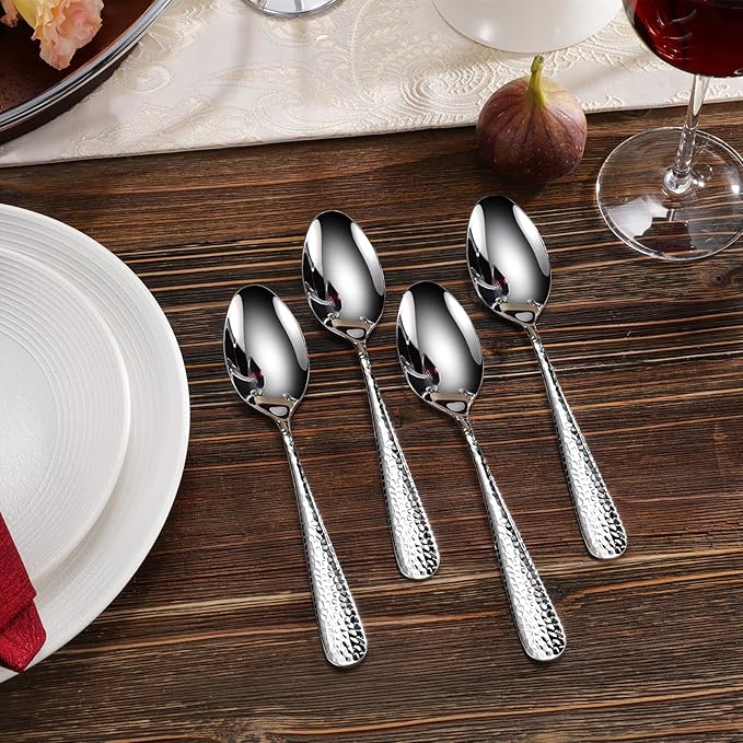 KEAWELL Premium 4-Piece Louise Hammered Spoons Set, 18/10 Stainless Steel, Set of 4, Fine Spoon Set with Round Edge, Dishwasher Safe (7.6" Dinner Spoons)