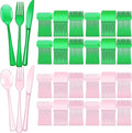 Minatee 150 Pieces Disposable Cutlery Set Plastic Silverware Heavy Duty Utensil Sets 50 Forks 50 Knives 50 Spoons for Home Office School Party Picnics Restaurant Outdoor Events (Pink,Green)