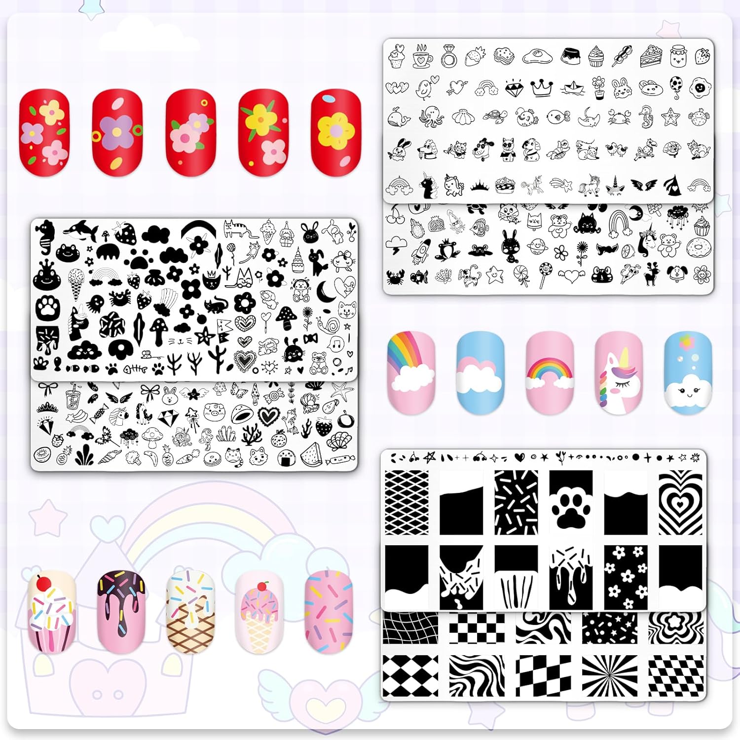 Whaline 6Pcs Kids Nail Plates Stamping Set Cute Animal Floral Dessert Stamp Templates Nail Art Plates for DIY Print Manicure Salon Design-BrightBean Baby