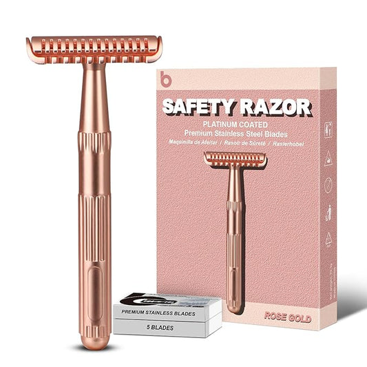 Matte Rose Gold Double Edge Safety Razor, Single Blade Razors for Women and Men, with 10 Stainless Steel Safety Razor Blades, Reusable, Smooth and Close Wet Shaving Kit, Plastic Free-BrightBean Baby