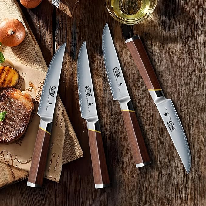 HOSHANHO Steak Knives Set of 6, Ultra Sharp 4.5 Inch Professional Non Serrated Steak Knife Set for Precise Cutting, Japanese High Carbon Steel Steak Knife with Ergonomic Handle