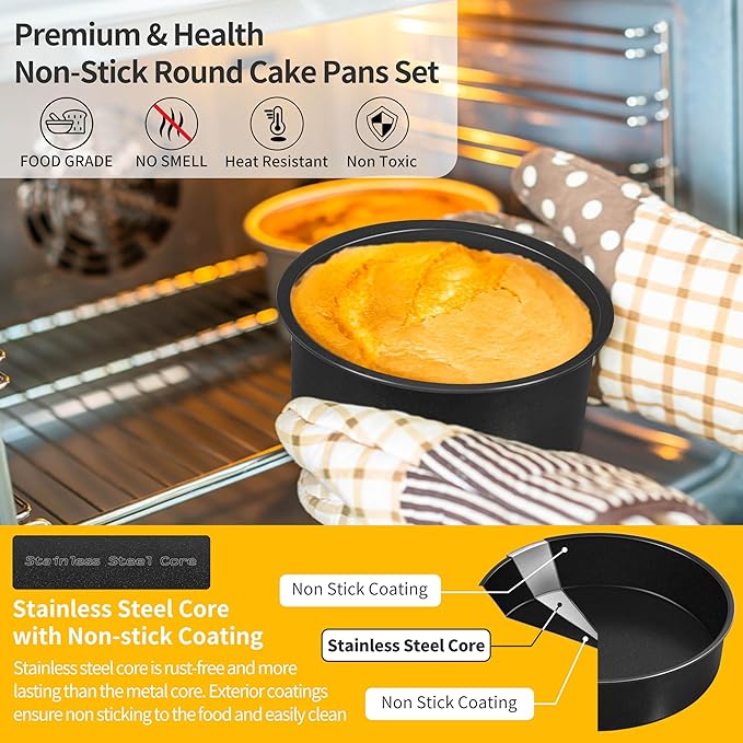 P&P CHEF 4 Inch Cake Pan Set of 3, Non-Stick Round Cake Pans Tins for Tier Smash Cakes, Baking Pans Set & Essential Bakeware, Stainless Steel Core & Leak-Proof