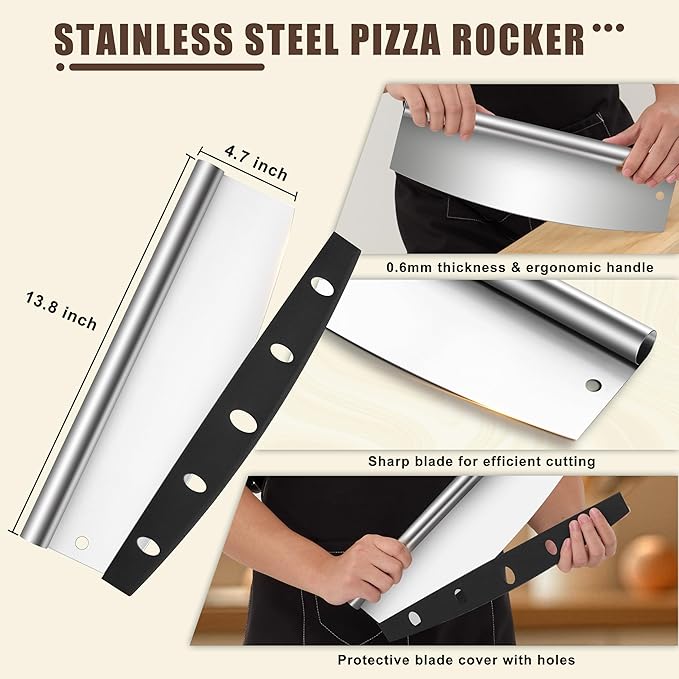 HaSteeL Aluminum Pizza Peel Spatula Set, 12 Inch Pizza Paddle Shovel, 14 Inch Metal Pizza Cutter Rocker, Pizza Oven Accessories Tools for Cooking Baking Turning Cutting, Long Detachable Handle