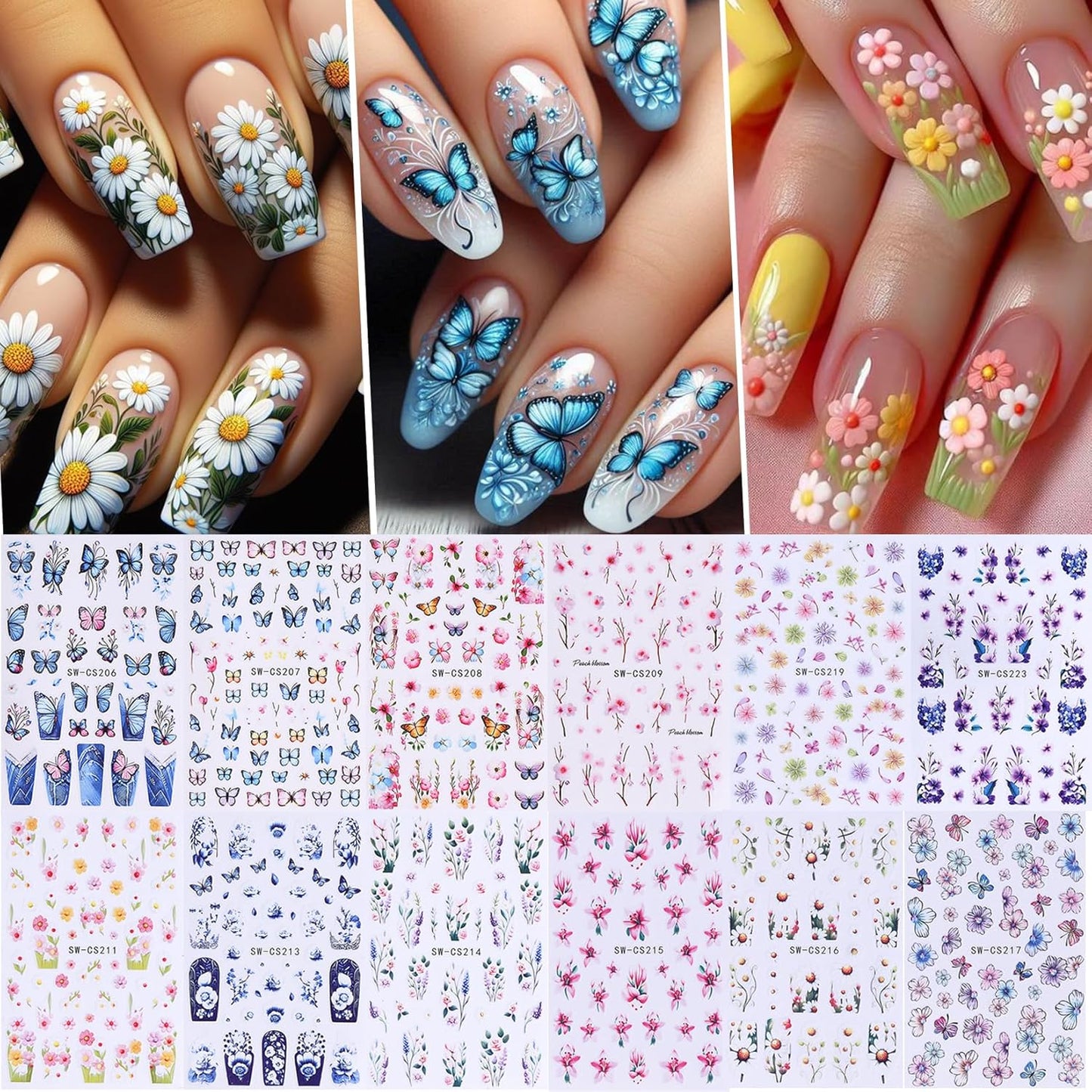 Flower Stickers for Nail Art Decals - 12 Sheets Spring Butterfly Nail Stickers with Tweezers 3D Floral Leaves Plant Nail Art Designs DIY Self Adhesive Daisy Blossom Nail Supplies Decorations-BrightBean Baby