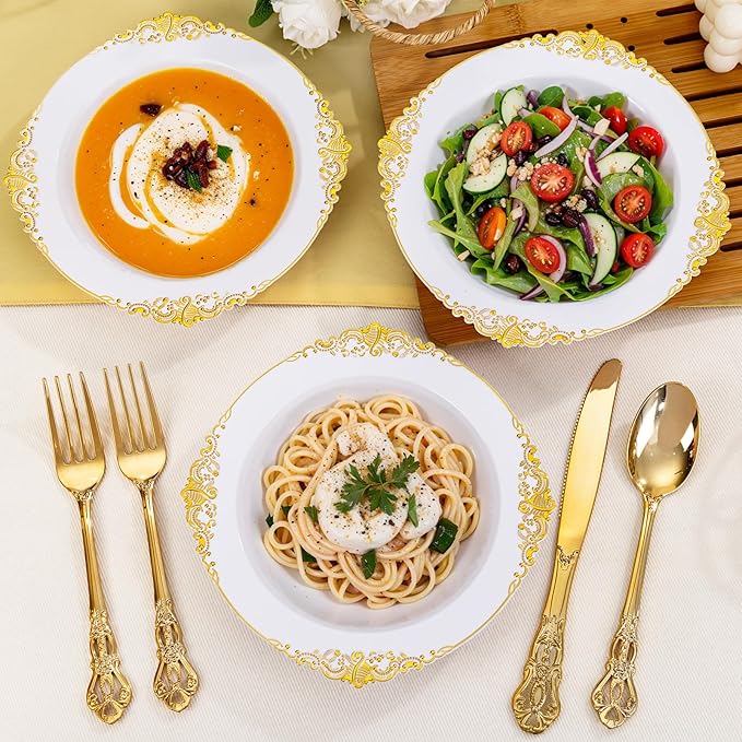 100PCS Gold Plastic Bowls - 12 oz White Disposable Salad Bowls - Heavy Duty Soup Serving Bowl - Fancy Plastic Ice Cream Bowl for Christmas,Thanksgiving Parties, Dinners, Catering, Picnics