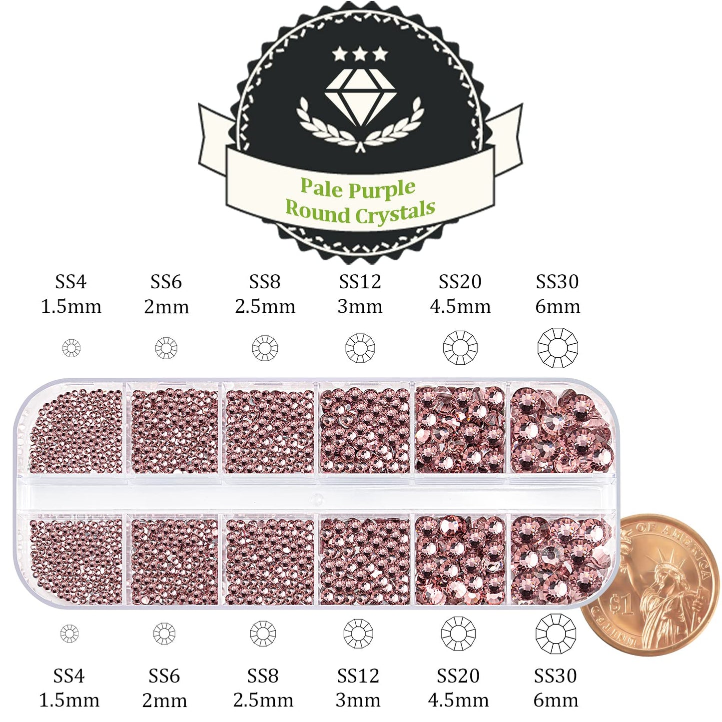 One Pack 2000 Pcs of Flatback Round Pale Purple Rhinestones 6 Sizes (1.5-6 mm) with Nail Art Rhinestone Picker Pencil and Tweezer for DIY and Salon Use-BrightBean Baby