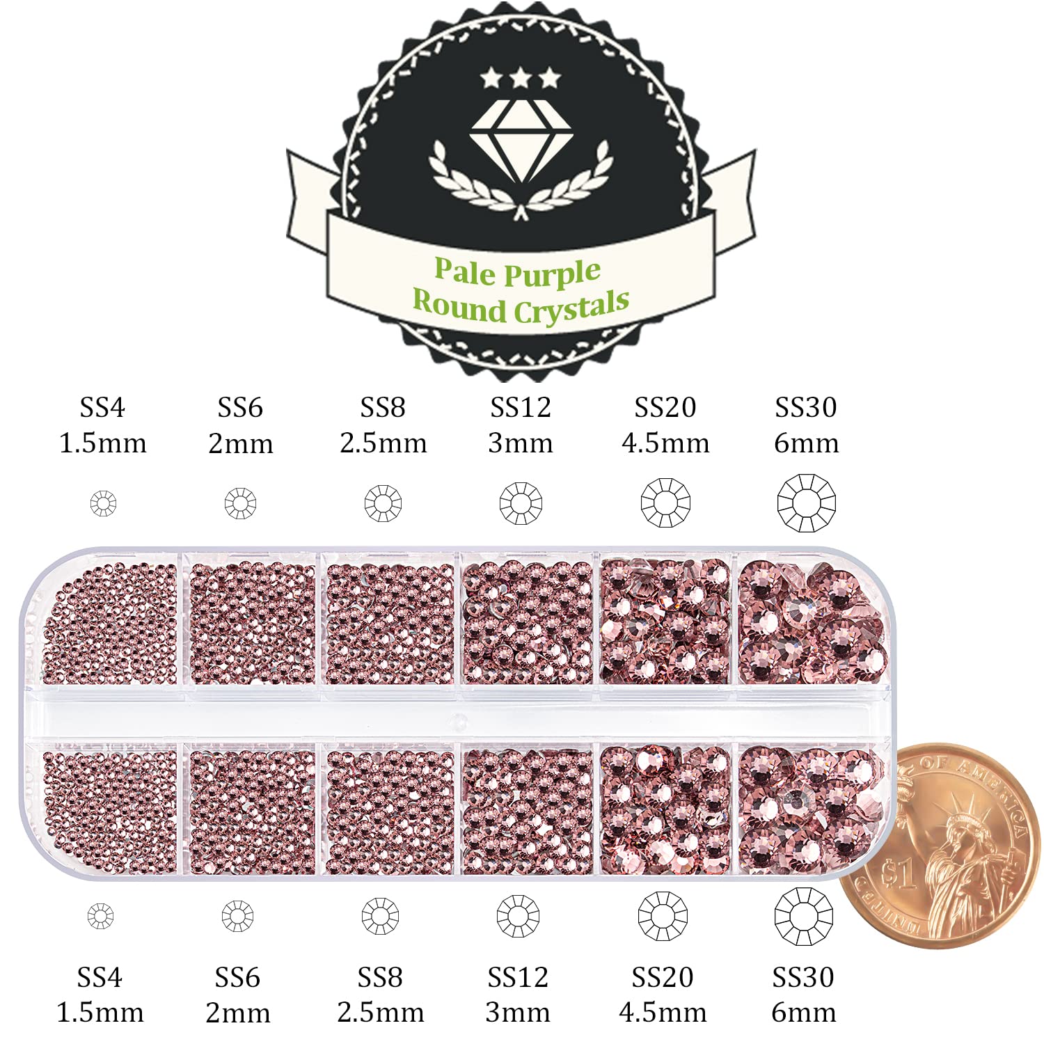 One Pack 2000 Pcs of Flatback Round Pale Purple Rhinestones 6 Sizes (1.5-6 mm) with Nail Art Rhinestone Picker Pencil and Tweezer for DIY and Salon Use-BrightBean Baby