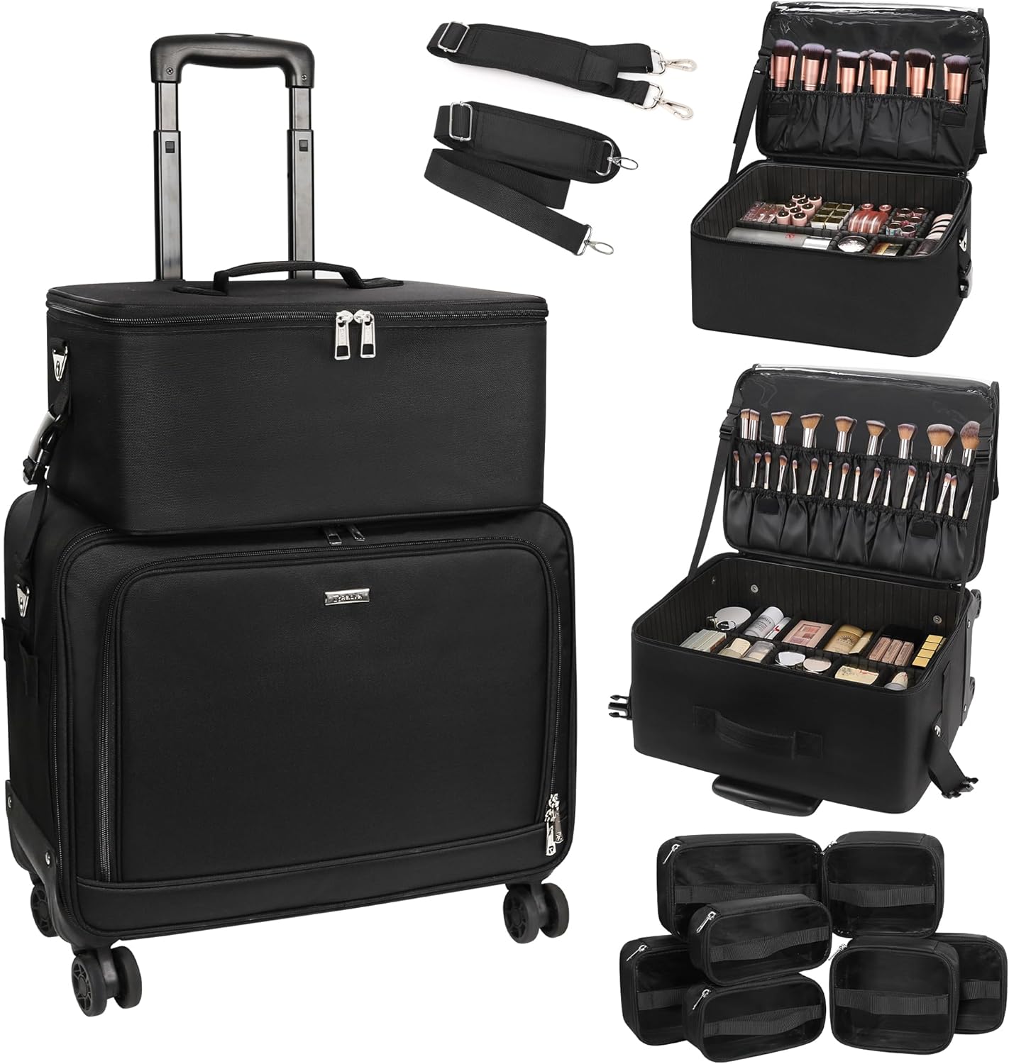 Rolling Makeup Bag Professional Makeup Artist Bags 2 in 1 Cosmetics Case Extra Large Trolley Travel Case with 360° Swivel Wheels and Adjustable Dividers-BrightBean Baby