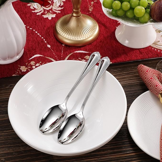 KEAWELL Pearl Edge 4-Piece Premium Spoon Set, 18/10 Stainless Steel, Fine Silverware Spoons with Refined Bead Design, Brightly Polished, Dishwasher Safe (Silver, 9" Serving Spoons)