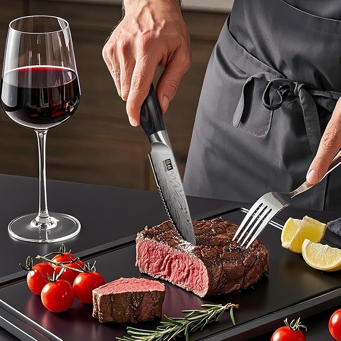 SHAN ZU Steak Knives Set of 6, Ultra Sharp 4.5 Inch High Hardness Powder Steel Steak Knife Set, Serrated Steak Knives with Ergonomic Pakkawood Handle Japanese Knives for Steak, Bread and Butter