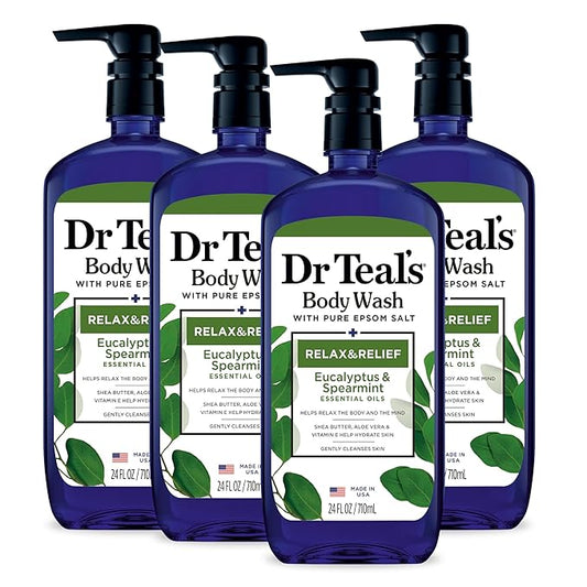 Dr Teal's Body Wash with Pure Epsom Salt, Relax & Relief with Eucalyptus & Spearmint, 24 fl oz (Pack of 4) (Packaging May Vary)-BrightBean Baby