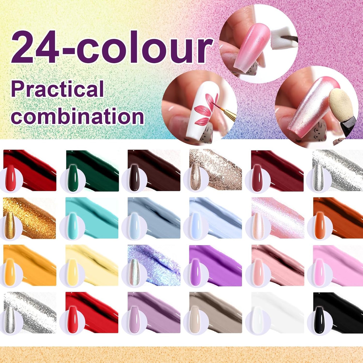 Gradient Painting Gel, 24 Gliter Colors Ombre Gel Nail Polish for Pigment Pat Silver&Gold Aura Nails, French Manicure DIY Nail Art Long-lasting No-wipe Palette C-BrightBean Baby