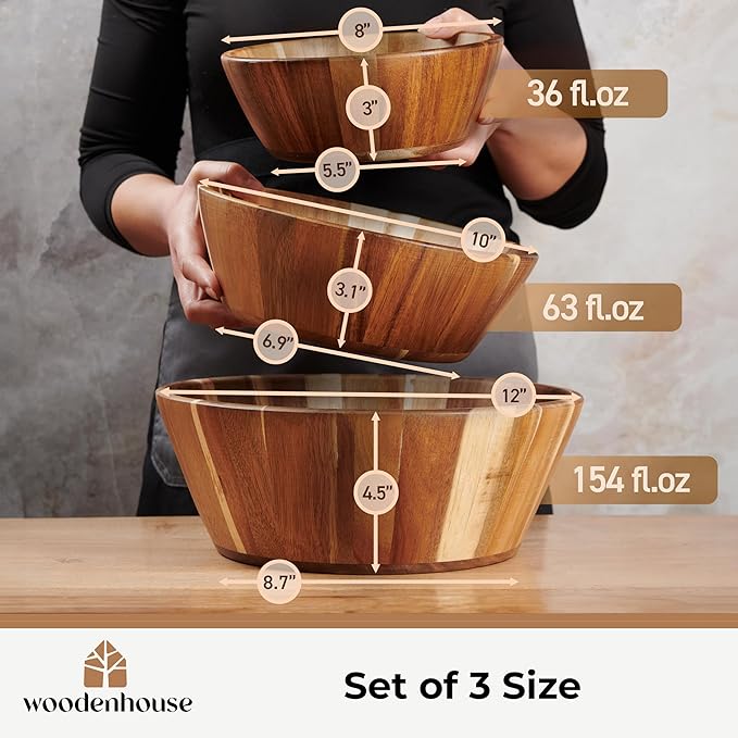 Wooden Bowls, Wooden Salad Bowl Set of 3 - Round Design Large Salad Bowl Set for Serving, Handmade, Durable and Stylish Natural Wood Dining Accessory by Woodenhouse