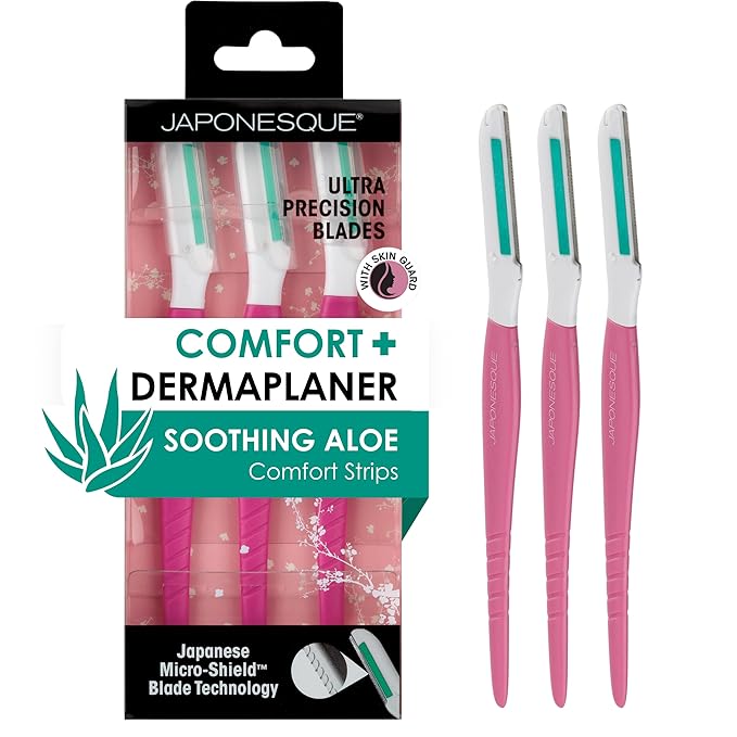 JAPONESQUE Dermaplaner with Soothing Aloe Comfort Strip - Skin Tool with Ultra Precision Blade for Facial Hair Removal and Exfoliation, 3pk.-BrightBean Baby