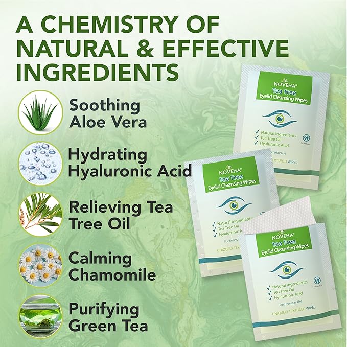 NOVEHA 60PCs Tea Tree Oil Eyelid & Lash Wipes | With Hyaluronic Acid, Green Tea & Chamomile For Blepharitis, Itchy & Stye Eyes, Individually Wrapped, Natural Eyelash Makeup Remover & Daily Cleanser-BrightBean Baby
