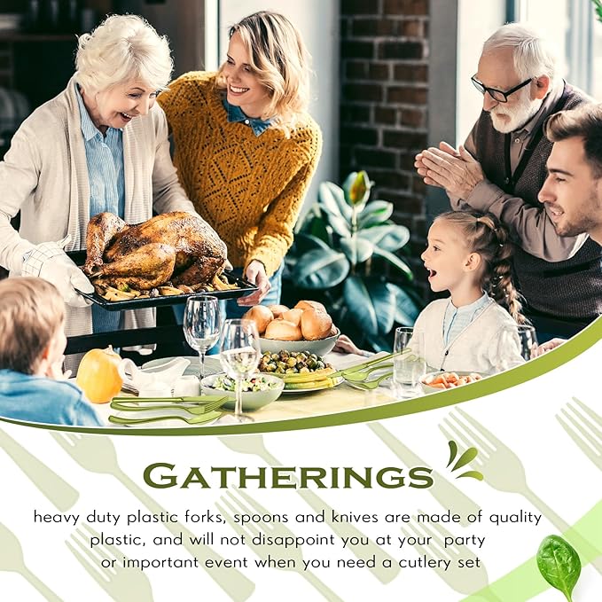 Minatee 150 Pieces Disposable Cutlery Set Plastic Silverware Heavy Duty Utensil Sets 50 Forks 50 Knives 50 Spoons for Home Office School Party Picnics Restaurant Outdoor Events(Olive Green)