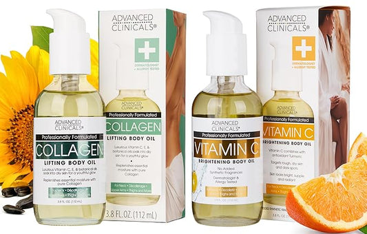 Advanced Clinicals Collagen Body Oil + Vitamin C Brightening Body Oil Moisturizer 2pc Skincare Set - Nourishing, Brightening, & Firming Massage Oil To Improve Look Of Crepe Skin + Dark Spots, 2PC Set-BrightBean Baby