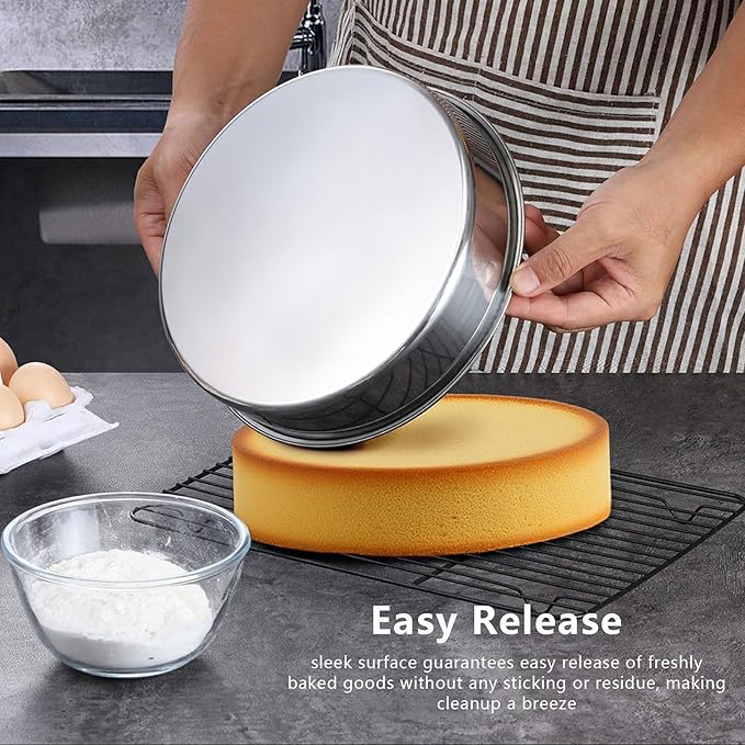 LIANYU Cake Pans 9 Inch Round, Stainless Steel Round Wedding Birthday Cake Pan, Metal Baking Tin Oven Pan for Layer Cake Brownie Lasagna, Leak Proof, Dishwasher & Pot Safe