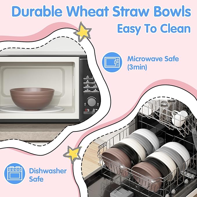 Quatish 10 PCS Unbreakable Cereal Bowls,Dishwasher & Microwave Safe Wheat Straw Bowls, Easy-to-Clean Lightweight Snack & Soup Bowl,Multi-Color Portable for Picnics Plastic Bowls Set, Brown