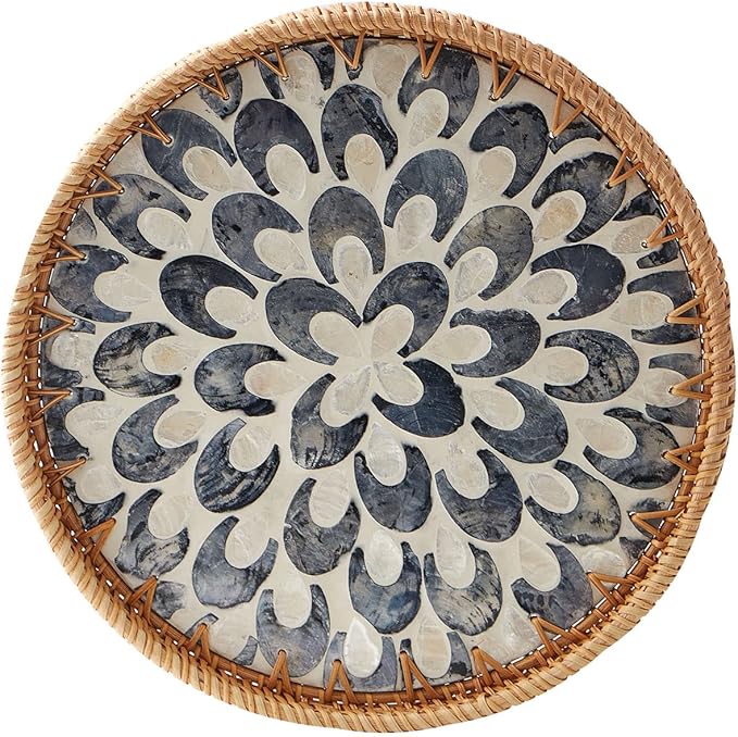 Round Rattan Tray with Mother of Pearl Inlay, Rattan Serving Tray with Wooden Base, Decorative Wicker Basket for Table Decor, Storage and Display of Coffee Bread Food Fruit (Plume 13.5")