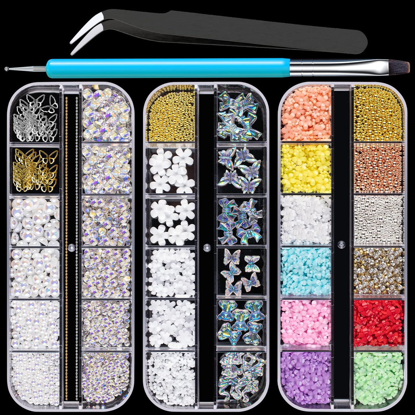 Mixed 3D Nail Art Gem Decoration Accessories Kit #2, Aurora Bear Bow Butterfly Starry AB Rhinestone Charm Jewelry for Deco, Pearl Flower Caviar Bead Stone Crystal with Dual-End Brush and Tweezer-BrightBean Baby