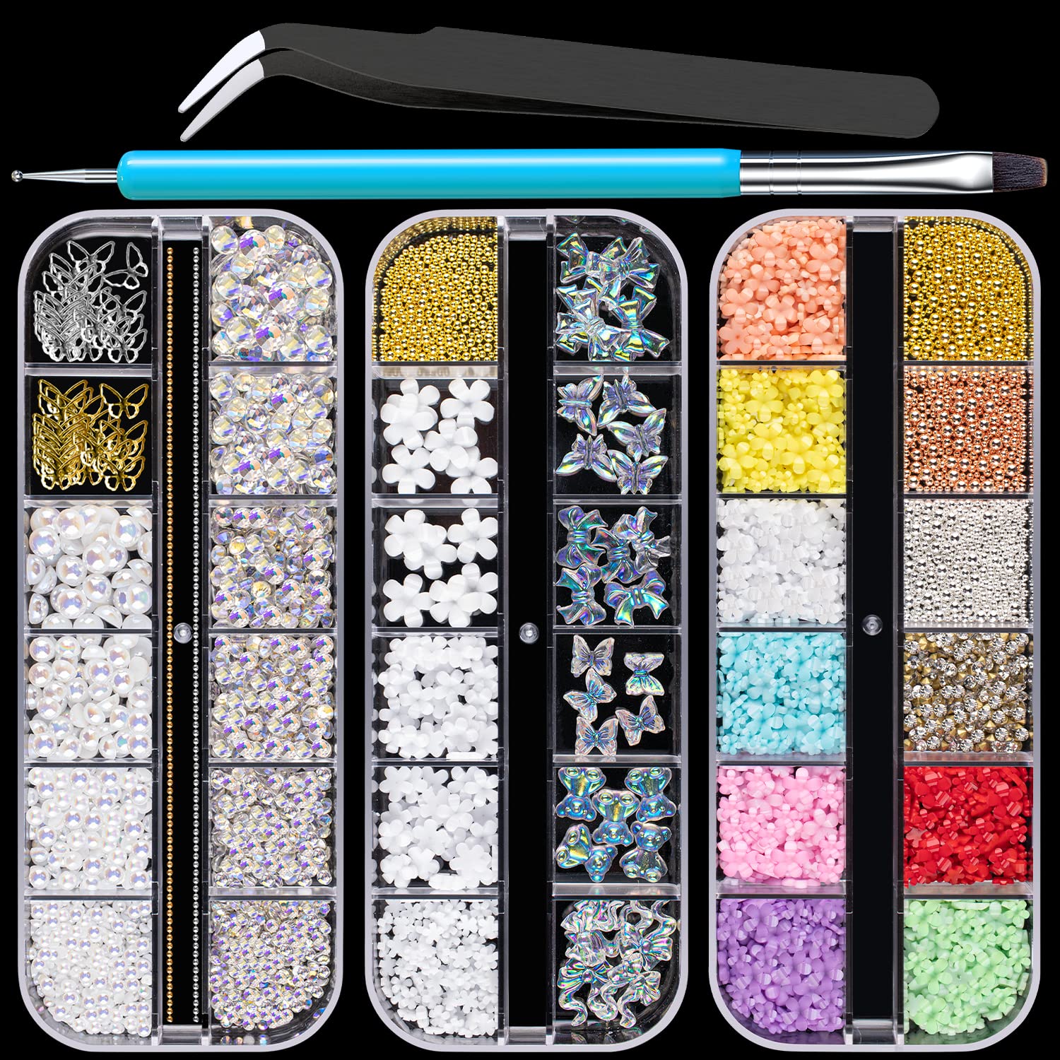 Mixed 3D Nail Art Gem Decoration Accessories Kit #2, Aurora Bear Bow Butterfly Starry AB Rhinestone Charm Jewelry for Deco, Pearl Flower Caviar Bead Stone Crystal with Dual-End Brush and Tweezer-BrightBean Baby