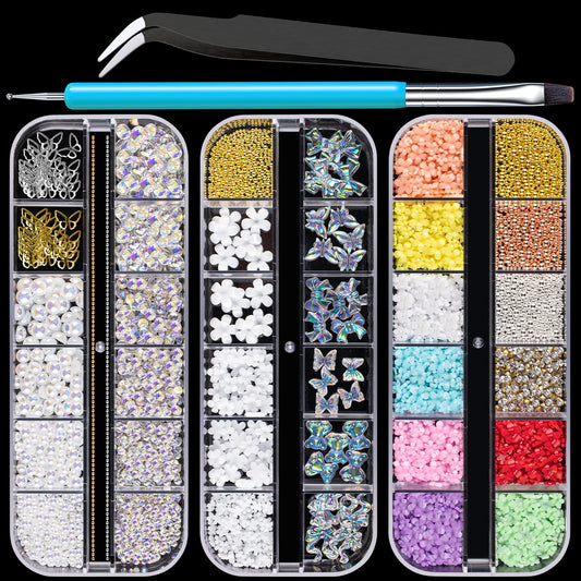 Mixed 3D Nail Art Gem Decoration Accessories Kit #2, Aurora Bear Bow Butterfly Starry AB Rhinestone Charm Jewelry for Deco, Pearl Flower Caviar Bead Stone Crystal with Dual-End Brush and Tweezer-BrightBean Baby