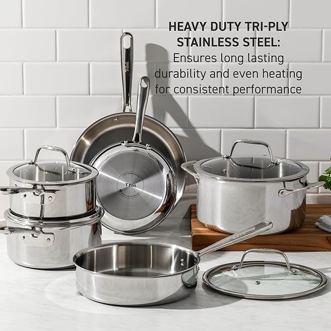 T-Fal Pro Tri-Ply Stainless Steel Cookware Set 10 Piece - Induction Compatible Silver