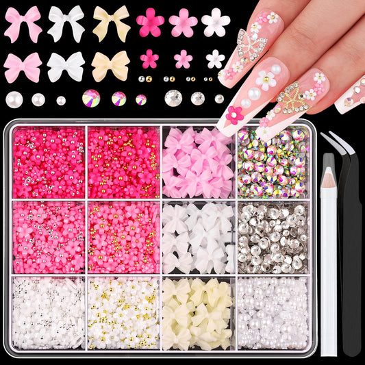 3D Nail Charms and Gems Set 5, 75PCS Chunky Coquette Pink and White Bow Nail Charms + Kawaii Cute 3D Flowers for Nails + Clear and AB Glass Rhinestones + Flatback Pearls for Y2K Acrylic Nail Design-BrightBean Baby