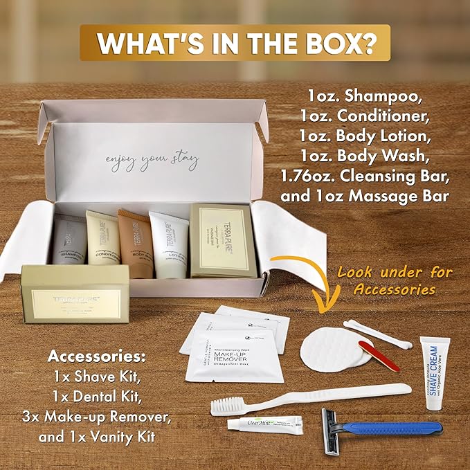 Terra Pure Spa Collection Amenity & Accessory Kit |1 oz Travel Size Shampoo, Conditioner, Lotion, Body Wash, 2 Soap Bars, Shave & Dental Sets, Make-Up Remover Wipes, & Vanity Kit | 1 set per case-BrightBean Baby