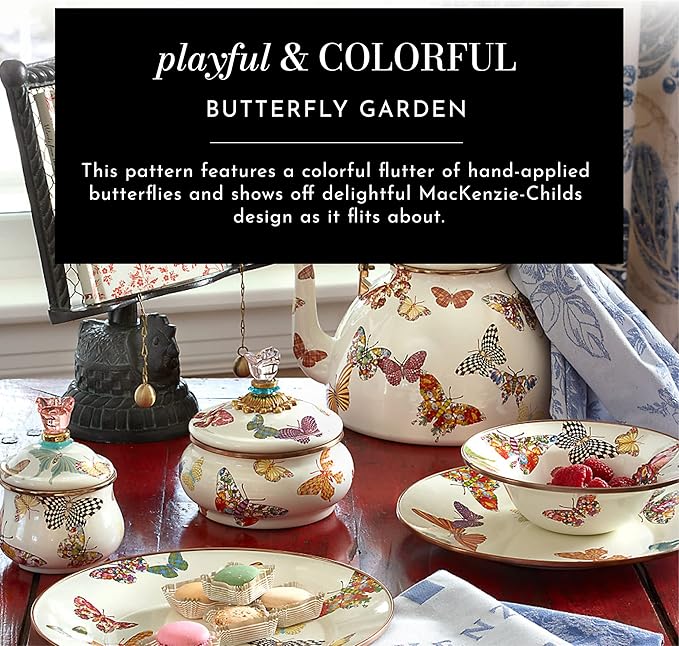 MACKENZIE-CHILDS Enamel Salad and Dessert Plate, Small Plate for a Dessert or Appetizer Dish, 8 Inches, Butterfly Garden