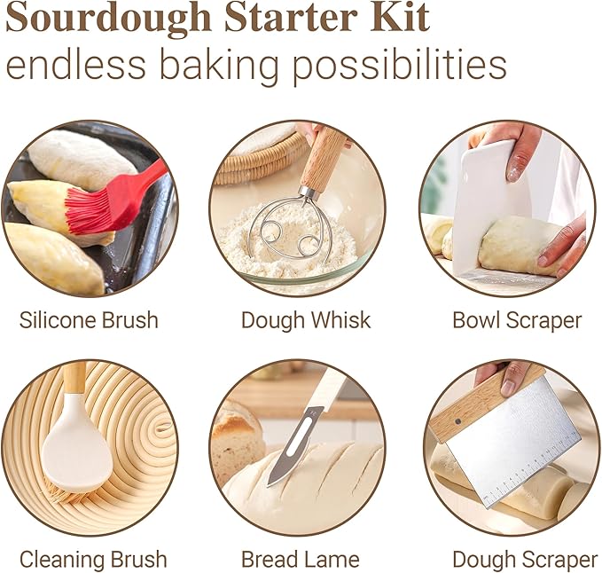 Sourdough Bread Proofing Basket Kit, 9" Round and 10" Oval Banneton Basket with Liners & Covers, Bread Baking Supplies with Bread Lame, Dough Whisk, Brush, Bowl Scraper