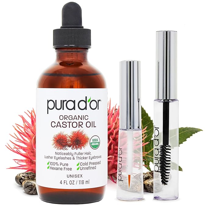 PURA D'OR 4 Oz ORGANIC Castor Oil - w/ 2 BONUS Empty Brushes - 100% Pure USDA Certified Cold Pressed, Hexane Free Eyelash & Eyebrow Serum - For Fuller, Thicker Lashes & Brows - Skin & Hair-BrightBean Baby