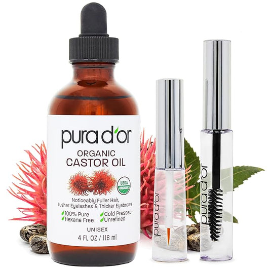 PURA D'OR 4 Oz ORGANIC Castor Oil - w/ 2 BONUS Empty Brushes - 100% Pure USDA Certified Cold Pressed, Hexane Free Eyelash & Eyebrow Serum - For Fuller, Thicker Lashes & Brows - Skin & Hair-BrightBean Baby