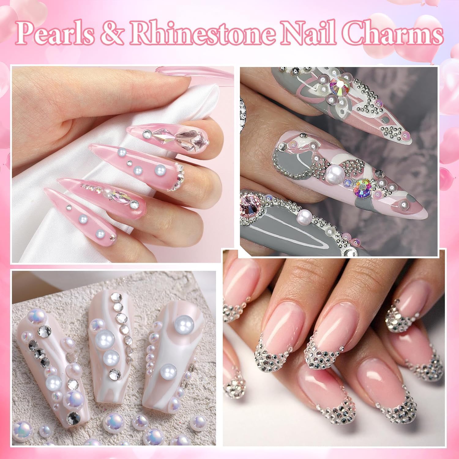 3D Nail Charms and Gems, Mix Flower Bow Heart Colorful Acrylic Nail Art Charms, Mix Nail Pearl Rhinestones and Caviar Beads for Nails, Cute Hollow Pearls Jewelry for Art Design DIY Crafts-BrightBean Baby